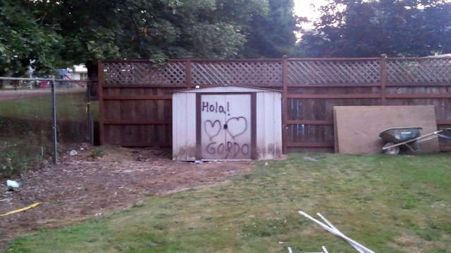 &iexcl;Hola Gordo! Photo of a dilapidated metal shed in a yard of a house that is under renovation. Amusingly, someone spray painted the words, &quotHola! Gordo" with two hearts on the door.